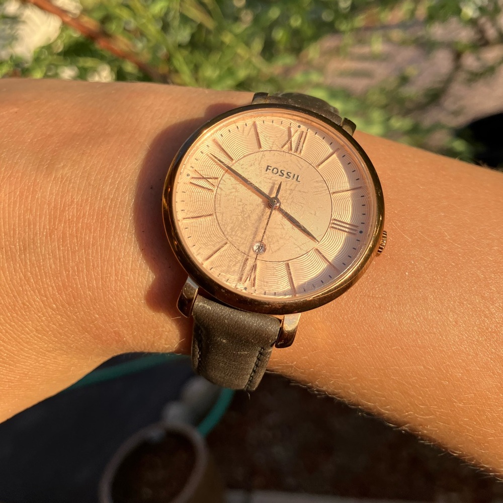 Fossil Rose Gold-Tone Watch with Grey Leather Strap